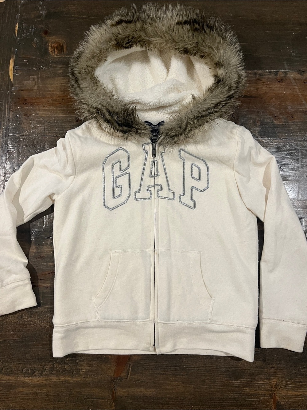 GAP Cream Hooded Zip Sweatshirt with Faux Fur Trim